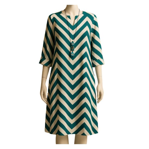 Women's Mid Dress with Chevron Print – Green and Off-White