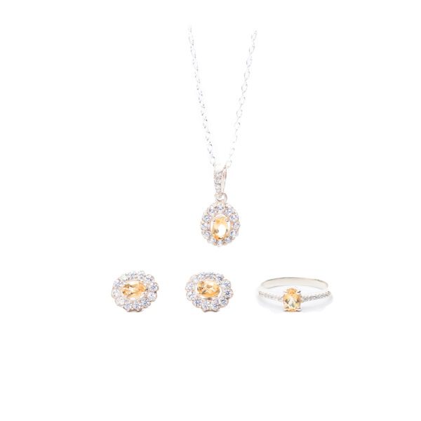 Conjunto Elegance Citrino – Colar, Brincos e Anel com Cristais